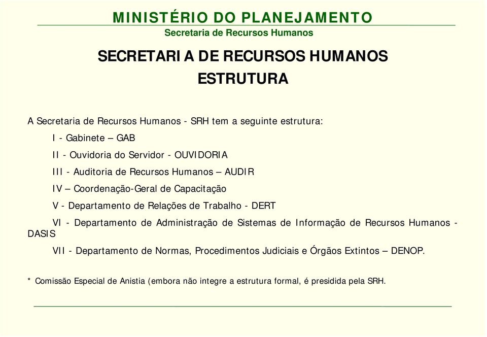 - DERT VI - Departamento de Administração de Sistemas de Informação de Recursos Humanos - DASIS VII - Departamento de Normas,