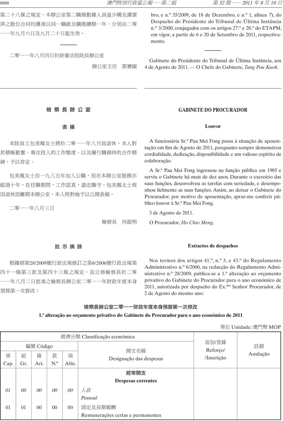 檢 察 長 辦 公 室 GABINETE DO PROCURADOR 表 揚 Louvor A funcionária Sr.