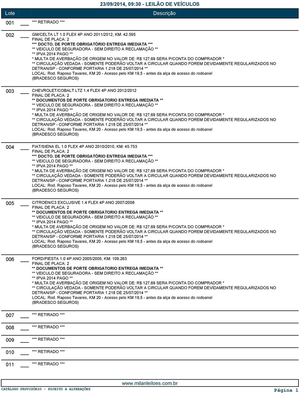 QUANDO FOREM DEVIDAMENTE REGULARIZADOS NO DETRAN/SP - CONFORME PORTARIA 1.218 DE 25/07/2014 ** (BRADESCO SEGUROS) CHEVROLET/COBALT LTZ 1.