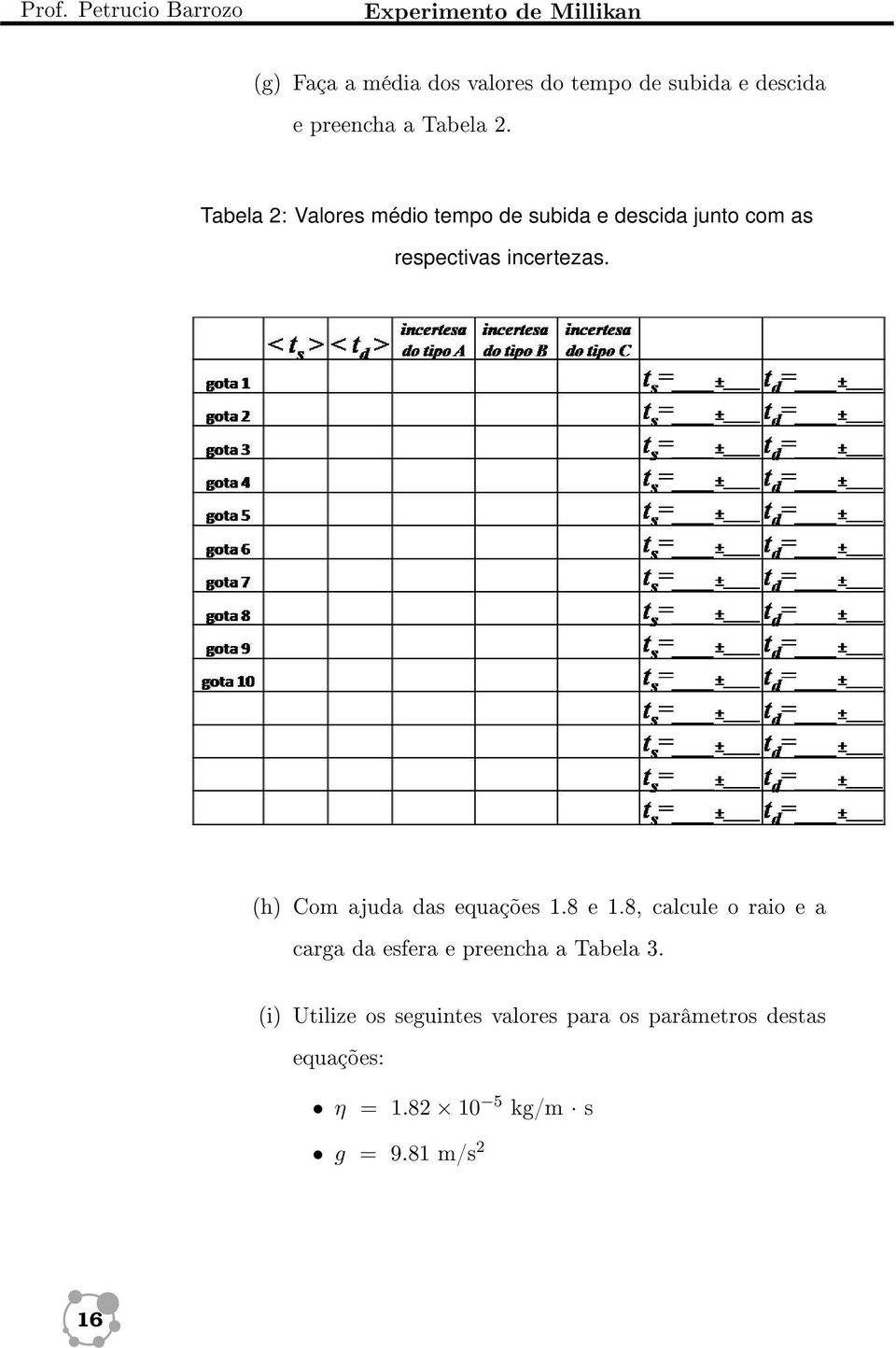 (h) Com ajuda das equações 1.8 e 1.8, calcule o raio e a carga da esfera e preencha a Tabela 3.