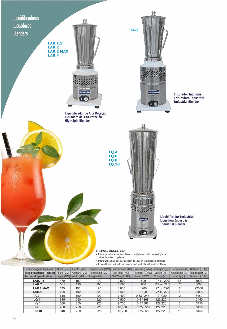 10 Liquidificador Industrial Licuadora Industrial Industrial Blender Especificações Técnicas Altura (MM) Frente (MM) Profundidade (MM) Peso Liquido (KG) Potencia (CV/W) Voltagem (V) Capacidade (L)