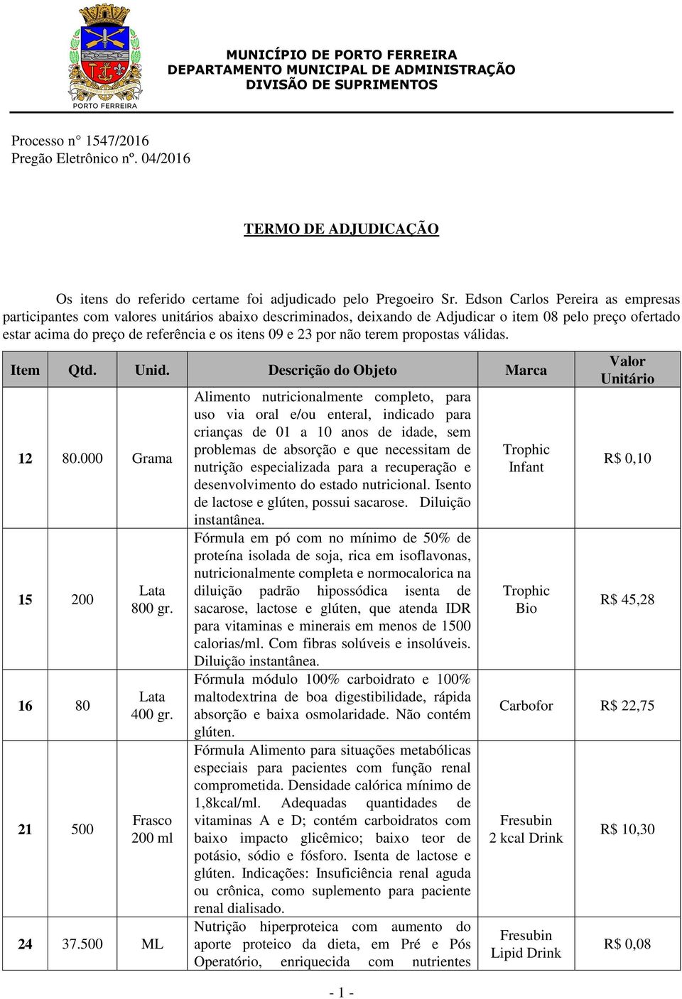 por não terem propostas válidas. 12 80.000 Grama 15 200 16 80 21 500 Frasco 200 ml 24 37.