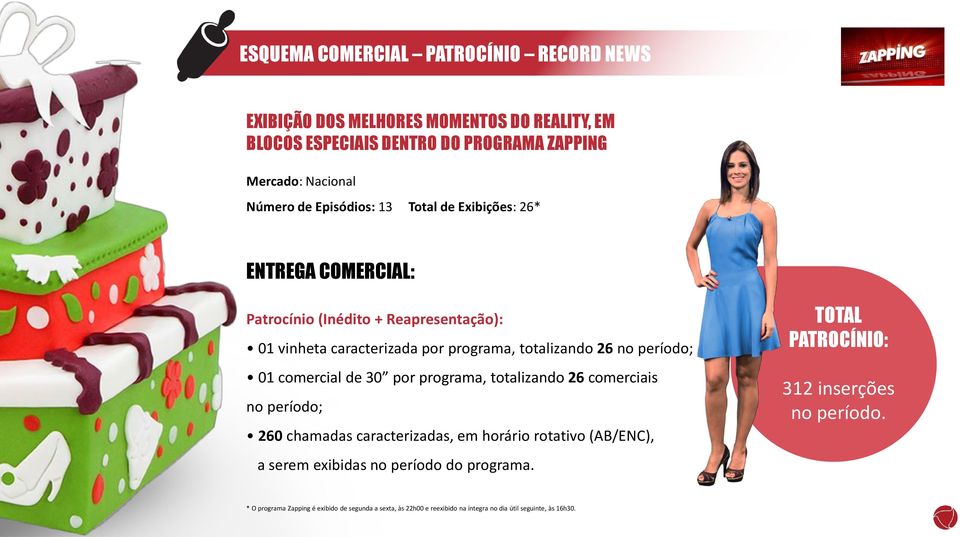 01 comercial de 30 por programa, totalizando 26 comerciais no período; 260 chamadas caracterizadas, em horário rotativo (AB/ENC), a serem exibidas no período do