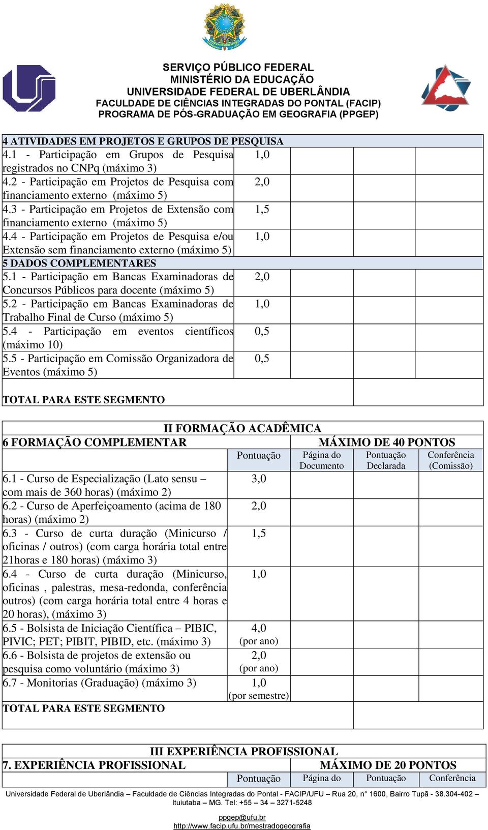 4 - Participação em Projetos de Pesquisa e/ou 1,0 Extensão sem financiamento externo (máximo 5) 5 DADOS COMPLEMENTARES 5.