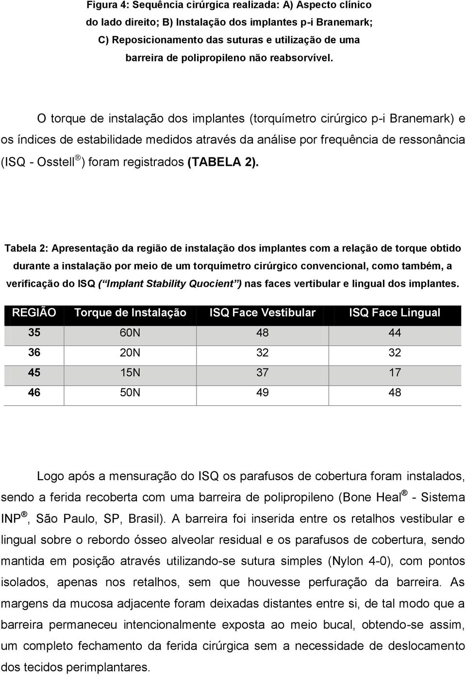 O torque de instalação dos implantes (torquímetro cirúrgico p-i Branemark) e os índices de estabilidade medidos através da análise por frequência de ressonância (ISQ - Osstell ) foram registrados