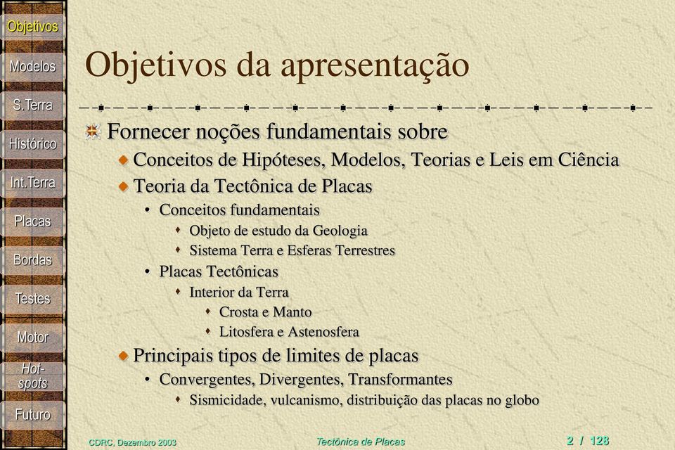 Teorias e Leis em Ciência Teoria da Tectônica de Placas Conceitos fundamentais Objeto de estudo da Geologia Sistema Terra e Esferas Terrestres