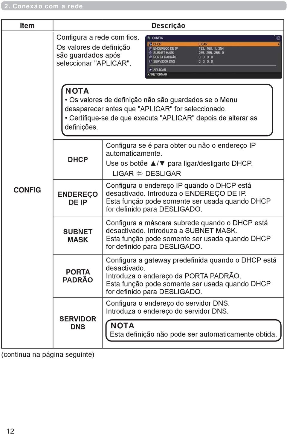 CONFIG DHCP ENDEREÇO DE IP SUBNET MASK PORTA PADRÃO SERVIDOR DNS Configura se é para obter ou não o endereço IP automaticamente. Use os botõe / para ligar/desligarto DHCP.