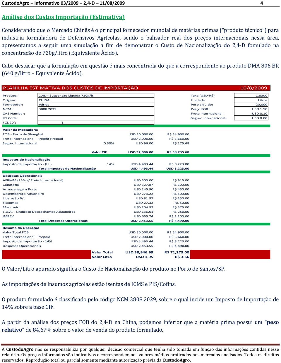 2,4-D fomulado na concentração de 720g/litro (Equivalente Ácido).