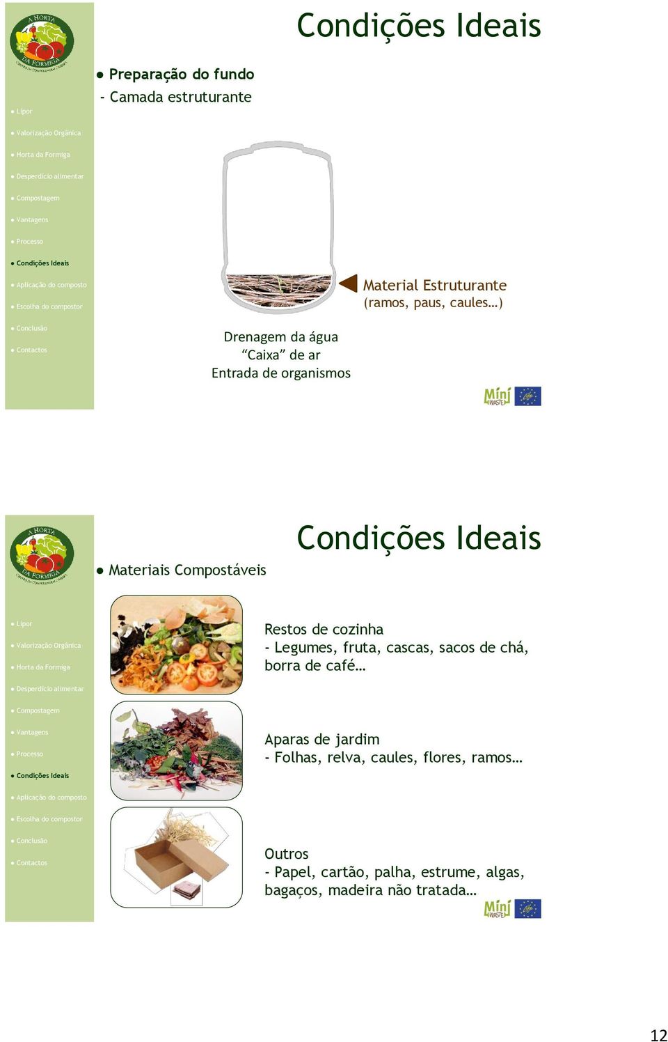 Restos de cozinha - Legumes, fruta, cascas, sacos de chá, borra de café Aparas de jardim - Folhas,