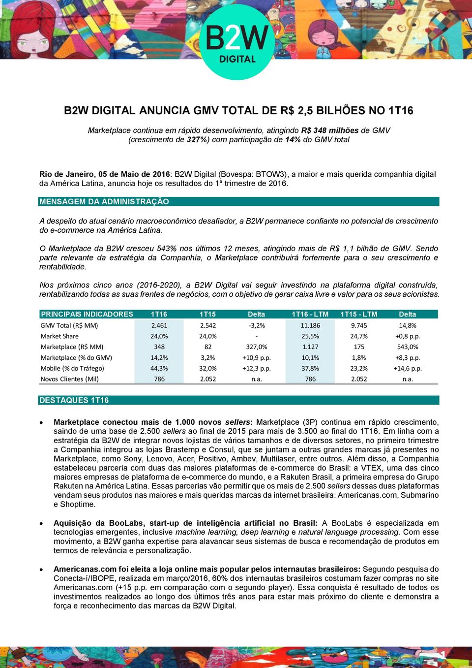 MENSAGEM DA ADMINISTRAÇÃO A despeito do atual cenário macroeconômico desafiador, a B2W permanece confiante no potencial de crescimento do e-commerce na América Latina.