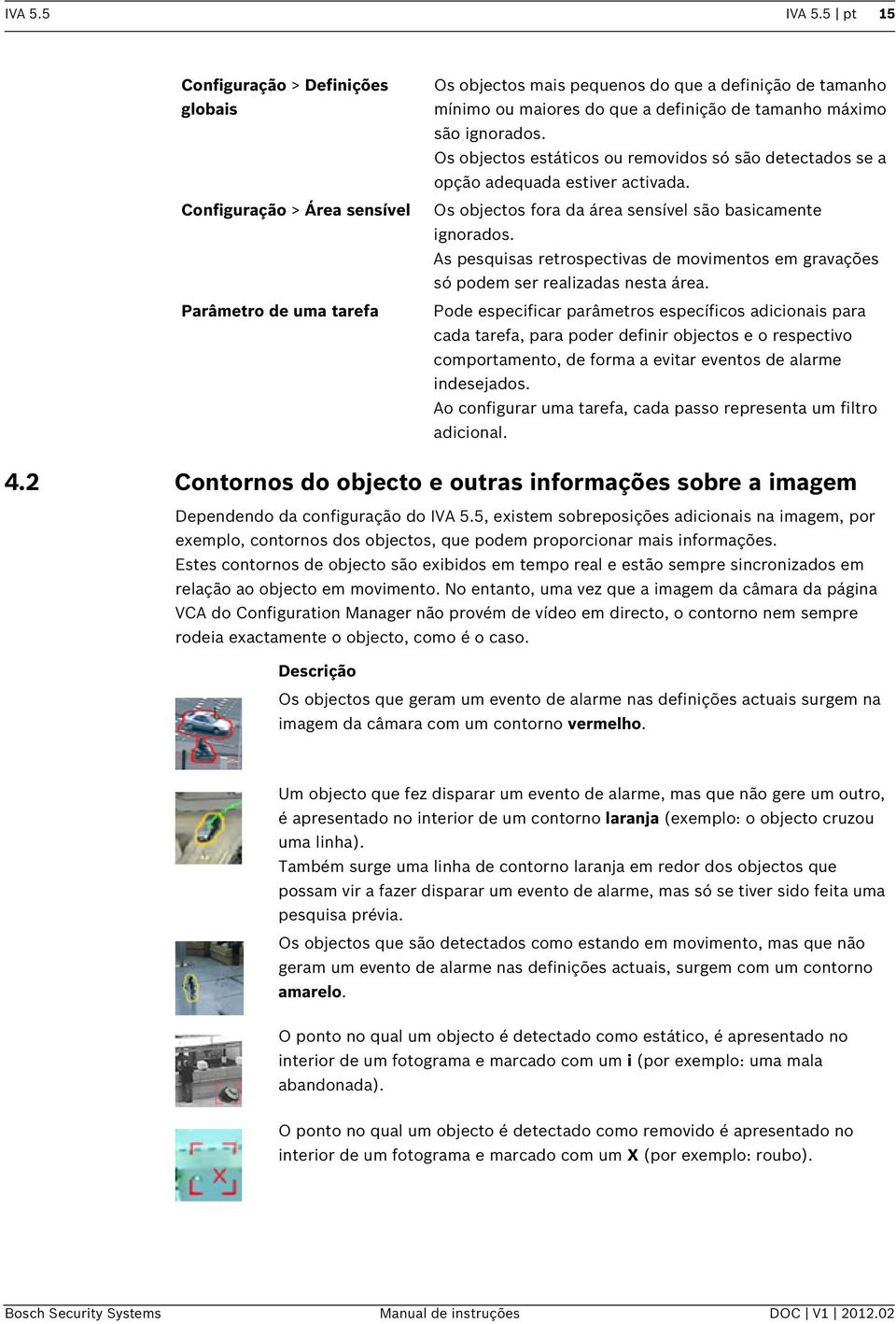 máximo são ignorados. Os objectos estáticos ou removidos só são detectados se a opção adequada estiver activada. Os objectos fora da área sensível são basicamente ignorados.