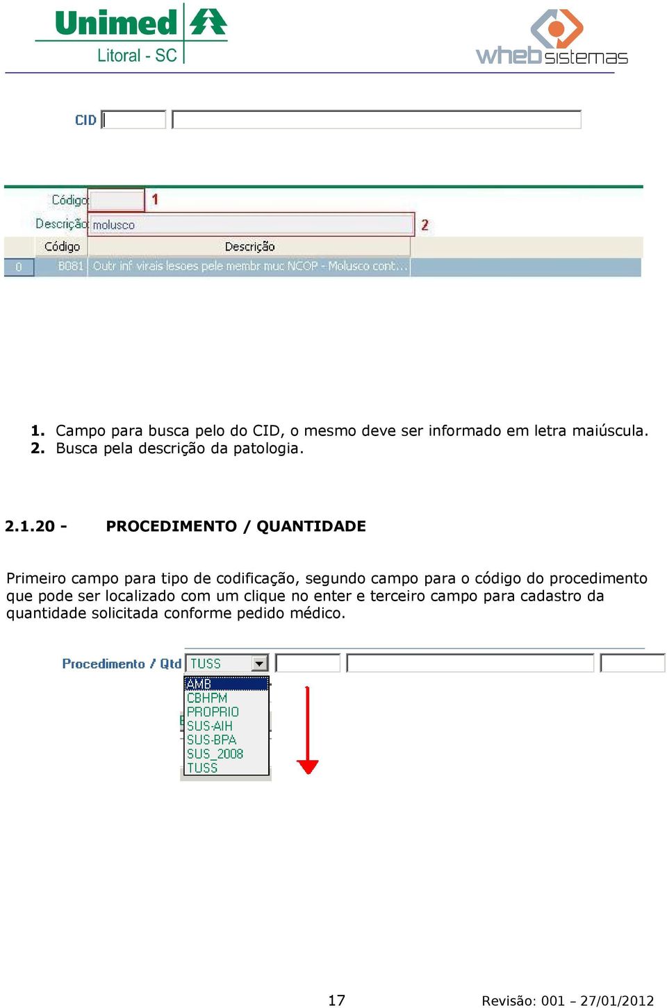 20 - PROCEDIMENTO / QUANTIDADE Primeiro campo para tipo de codificação, segundo campo para o