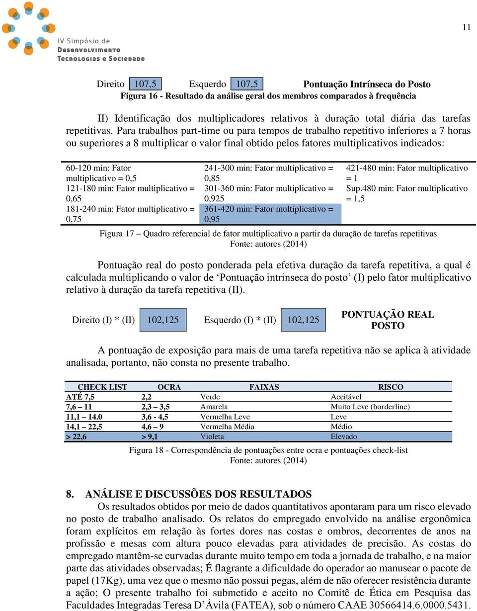 Para trabalhos part-time ou para tempos de trabalho repetitivo inferiores a 7 horas ou superiores a 8 multiplicar o valor final obtido pelos fatores multiplicativos indicados: 60-10 min: Fator