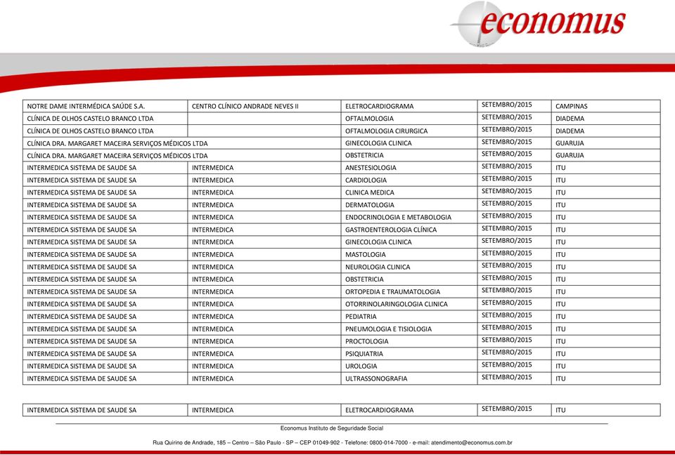 SAÚDE S.A. CENTRO CLÍNICO ANDRADE NEVES II ELETROCARDIOGRAMA SETEMBRO/2015 CAMPINAS CLÍNICA DE OLHOS CASTELO BRANCO LTDA OFTALMOLOGIA SETEMBRO/2015 DIADEMA CLÍNICA DE OLHOS CASTELO BRANCO LTDA