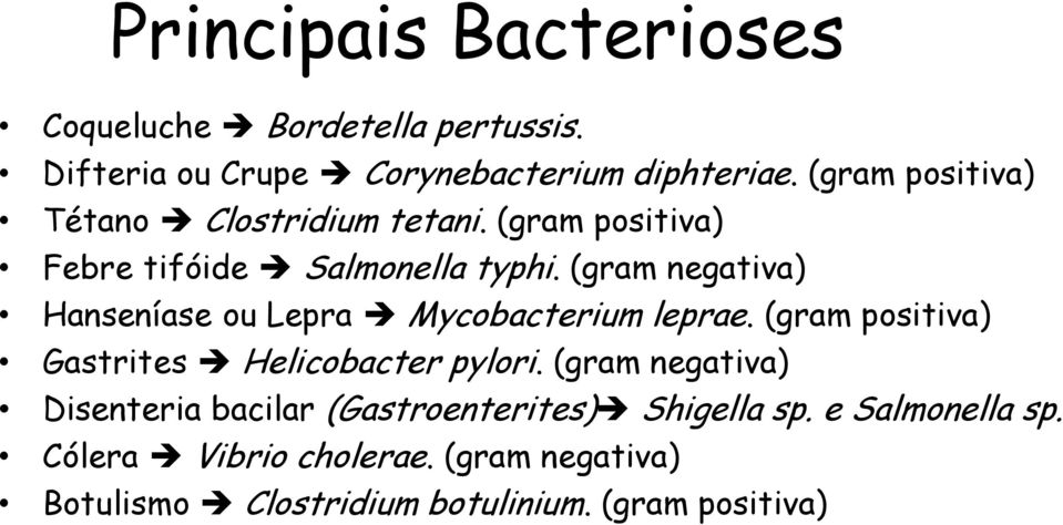 (gram negativa) Hanseníase ou Lepra Mycobacterium leprae. (gram positiva) Gastrites Helicobacter pylori.