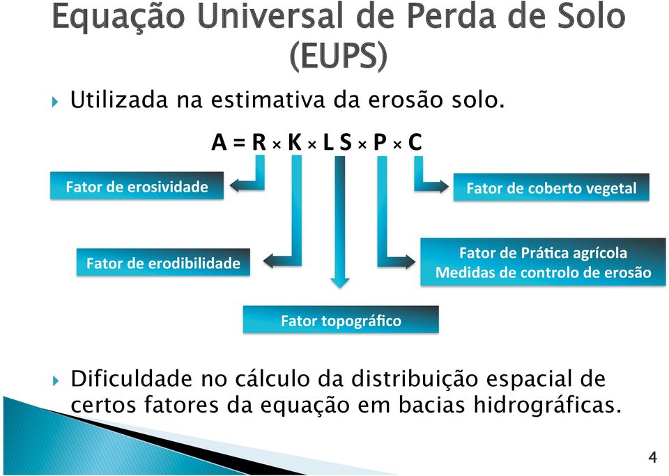 Fator de Prá<ca agrícola Medidas de controlo de erosão Fator topográfico } Dificuldade