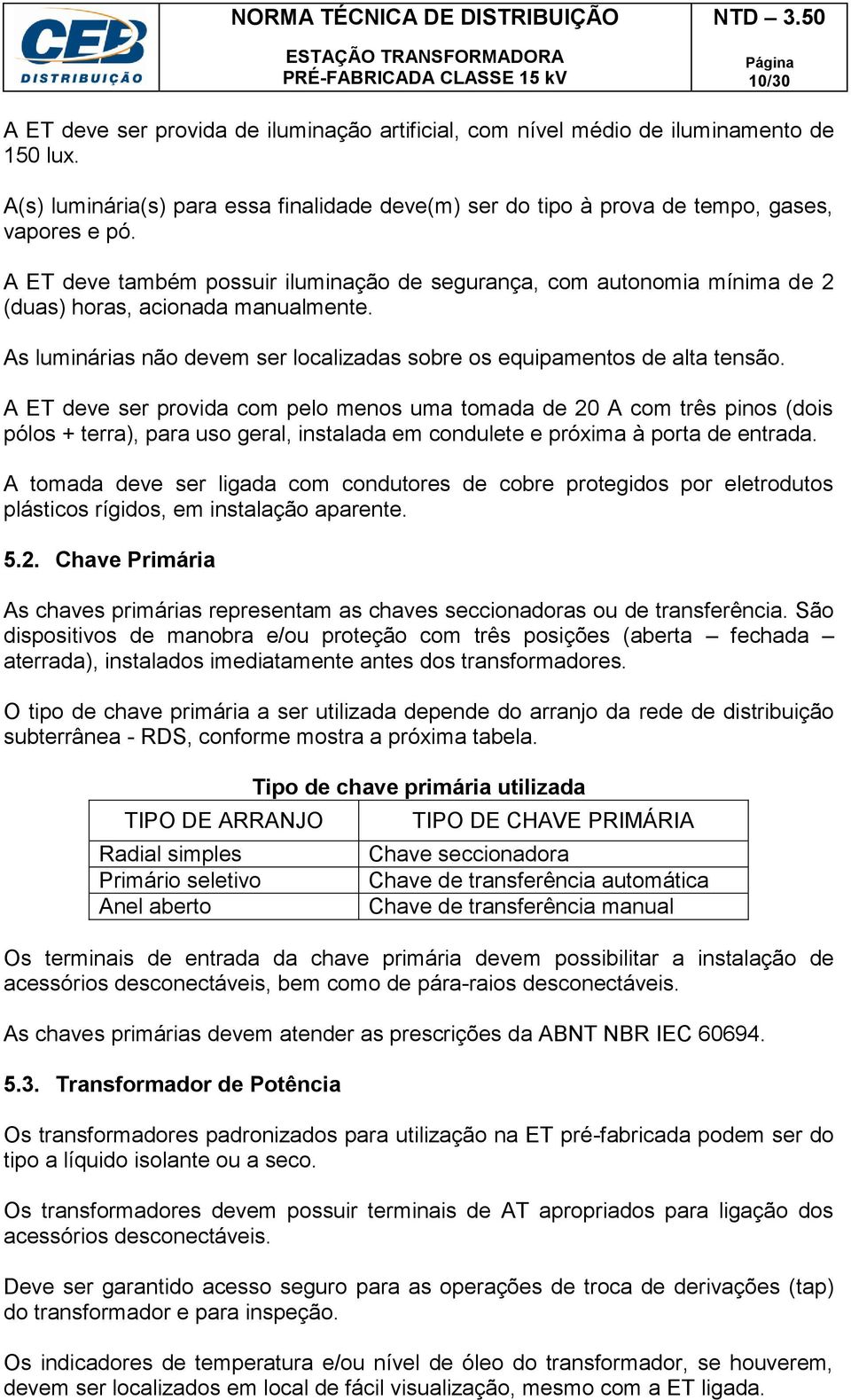 A ET deve ser provida com pelo menos uma tomada de 20 A com três pinos (dois pólos + terra), para uso geral, instalada em condulete e próxima à porta de entrada.