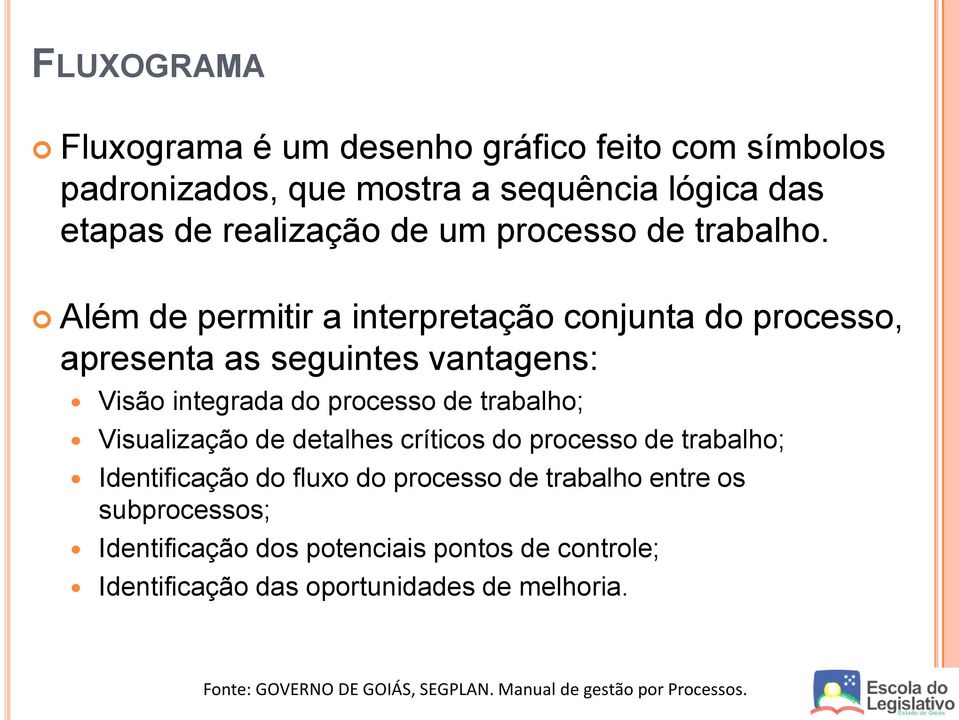 Além de permitir a interpretação conjunta do processo, apresenta as seguintes vantagens: Visão integrada do processo de trabalho; Visualização