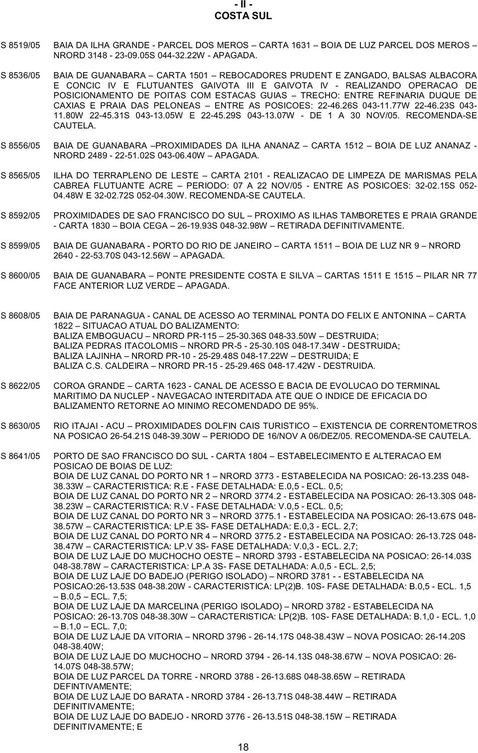 GUIAS TRECHO: ENTRE REFINARIA DUQUE DE CAXIAS E PRAIA DAS PELONEAS ENTRE AS POSICOES: 22-46.26S 043-11.77W 22-46.23S 043-11.80W 22-45.31S 043-13.05W E 22-45.29S 043-13.07W - DE 1 A 30 NOV/05.