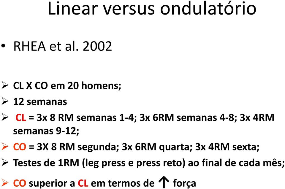 semanas 4-8; 3x 4RM semanas 9-12; CO = 3X 8 RM segunda; 3x 6RM quarta;