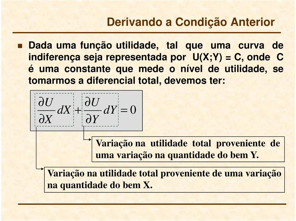 diferencial total, devemos ter: U X dx + U Y dy = 0 Variação na utilidade total proveniente de uma