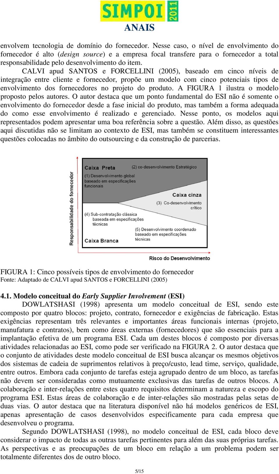 CALVI apud SANTOS e FORCELLINI (2005), baseado em cinco níveis de integração entre cliente e fornecedor, propõe um modelo com cinco potenciais tipos de envolvimento dos fornecedores no projeto do