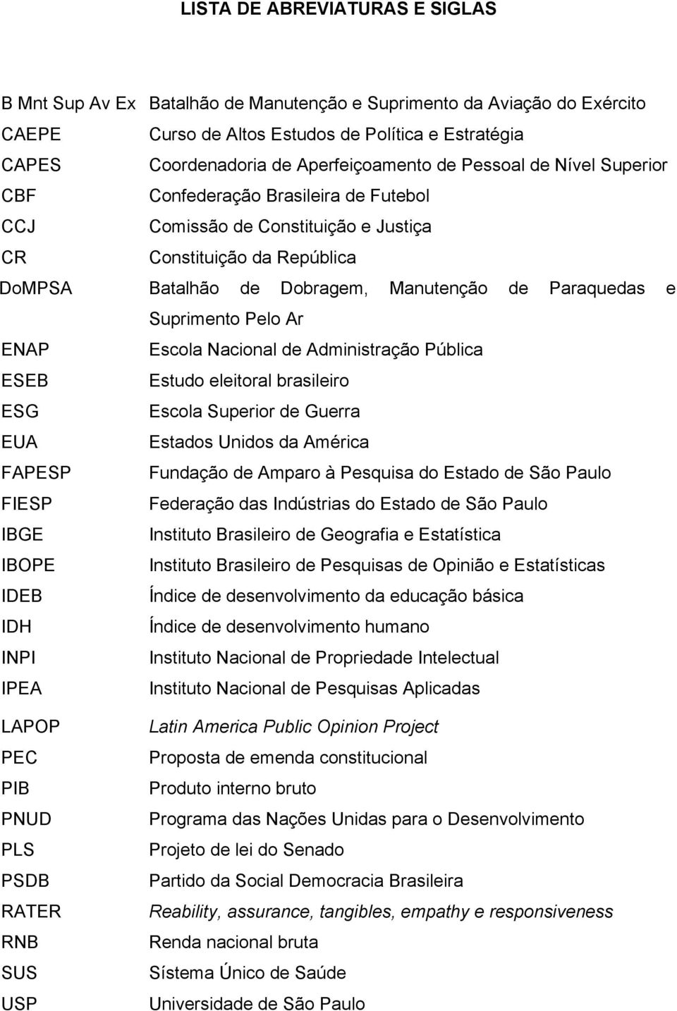 Suprimento Pelo Ar ENAP Escola Nacional de Administração Pública ESEB Estudo eleitoral brasileiro ESG Escola Superior de Guerra EUA Estados Unidos da América FAPESP Fundação de Amparo à Pesquisa do