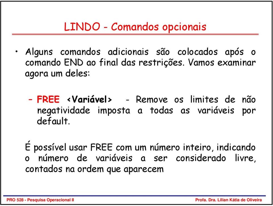 Vamos examinar agora um deles: FREE <Variável> - Remove os limites de não negatividade