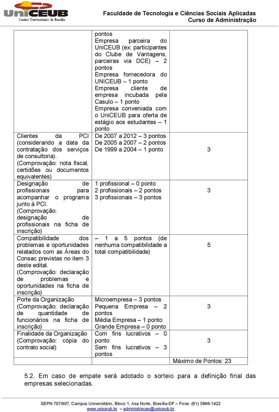 (Comprovação: designação de profissionais na ficha de inscrição) Compatibilidade dos problemas e oportunidades relatados com as Áreas do Consac previstas no item 3 deste edital.