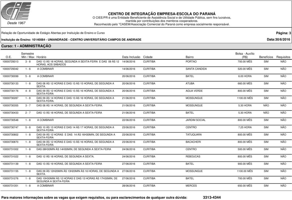 00 HORA SIM NÃO 10000730133 1-8 DAS 08 ÀS 12 HORAS E DAS 13 ÀS 15 HORAS, DE SEGUNDA A SEXTA.