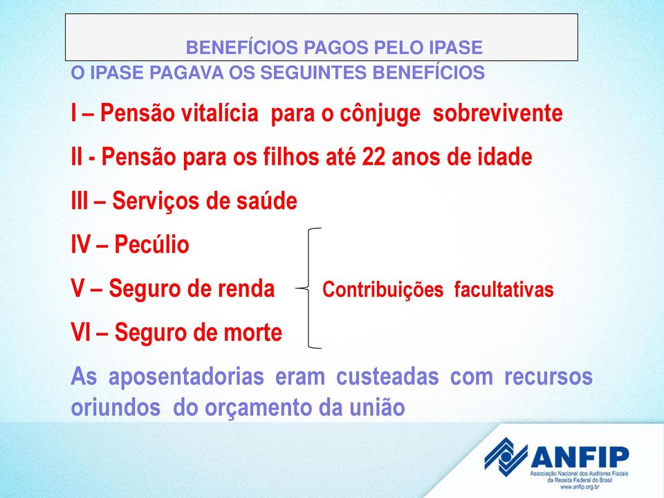 idade III Serviços de saúde IV Pecúlio V Seguro de renda VI Seguro de morte