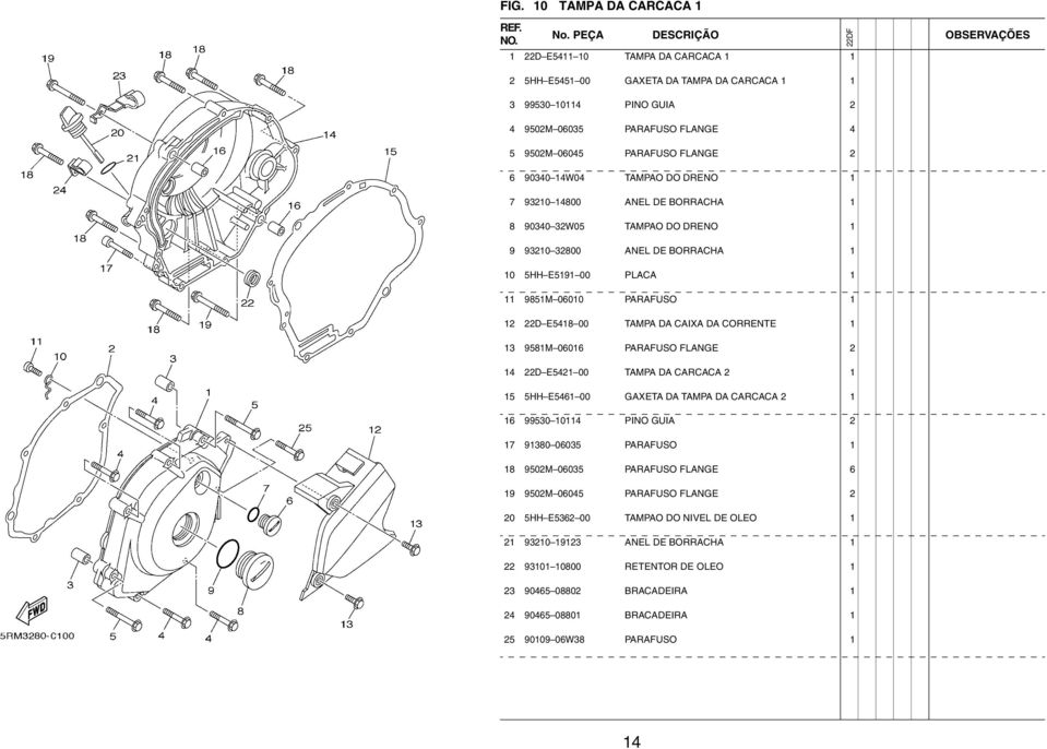 TAMPA DA CAIXA DA CORRENTE 1 13 9581M 06016 PARAFUSO FLANGE 2 14 22D E5421 00 TAMPA DA CARCACA 2 1 15 5HH E5461 00 GAXETA DA TAMPA DA CARCACA 2 1 16 99530 10114 PINO GUIA 2 17 91380 06035 PARAFUSO 1