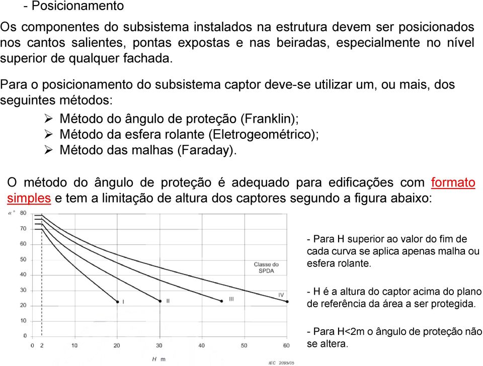 Para o posicionamento do subsistema captor deve-se utilizar um, ou mais, dos seguintes métodos: Método do ângulo de proteção (Franklin); Método da esfera rolante (Eletrogeométrico); Método das