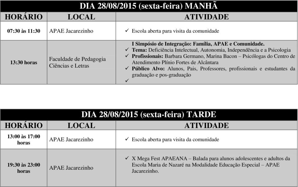 Alunos, Pais, Professores, profissionais e estudantes da graduação e pos-graduação DIA 28/08/2015 (sexta-feira) TARDE 13:00 às 17:00 horas APAE Jacarezinho Escola aberta para