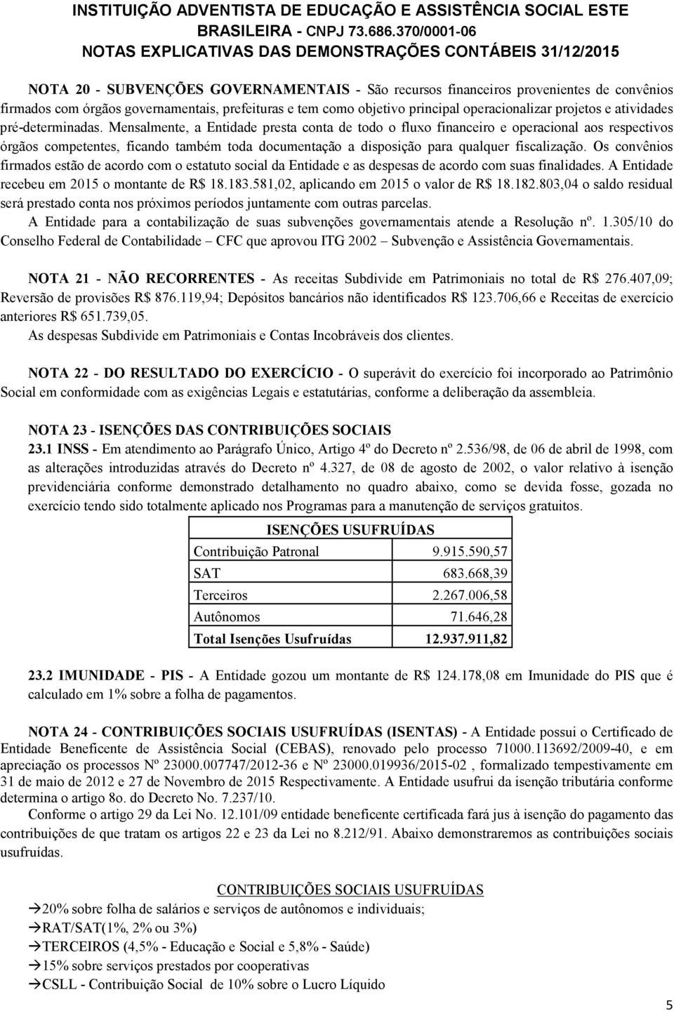 Mensalmente, a Entidade presta conta de todo o fluxo financeiro e operacional aos respectivos órgãos competentes, ficando também toda documentação a disposição para qualquer fiscalização.