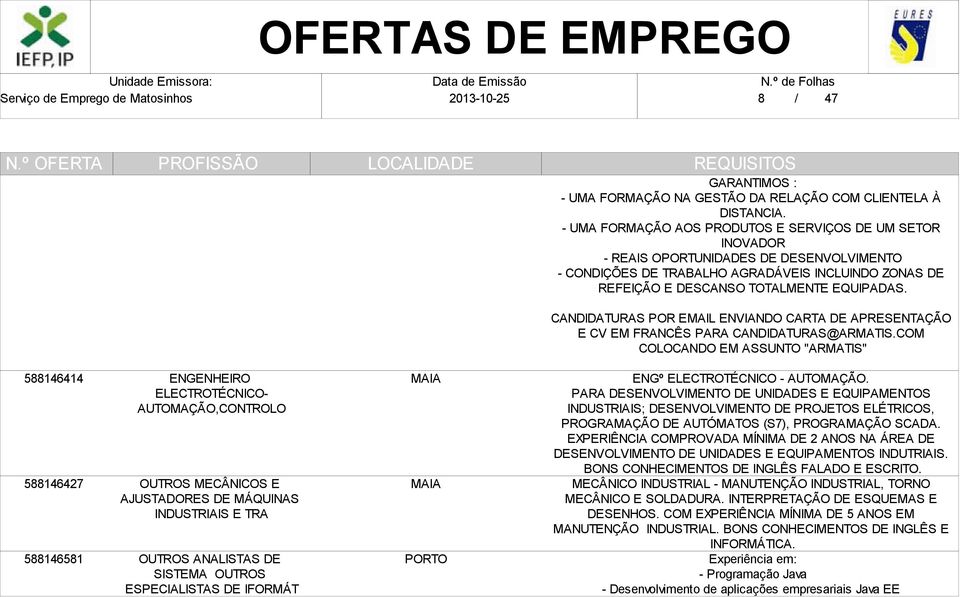 CANDIDATURAS POR EMAIL ENVIANDO CARTA DE APRESENTAÇÃO E CV EM FRANCÊS PARA CANDIDATURAS@ARMATIS.