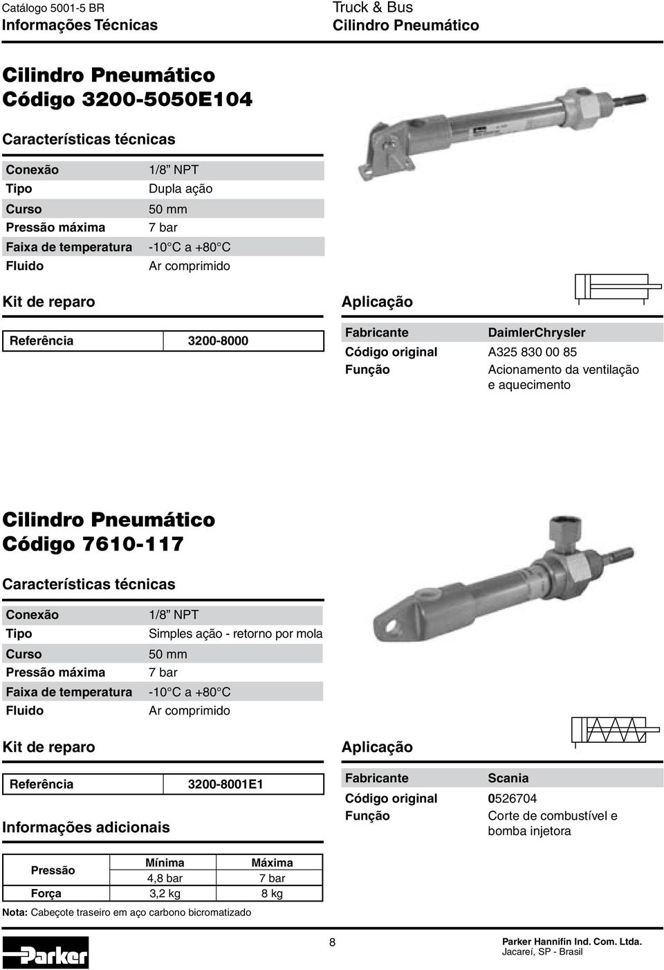 Simples ação - retorno por mola 50 mm 7 bar 300-8001E1 Informações adicionais Scania Código original 056704 Corte de