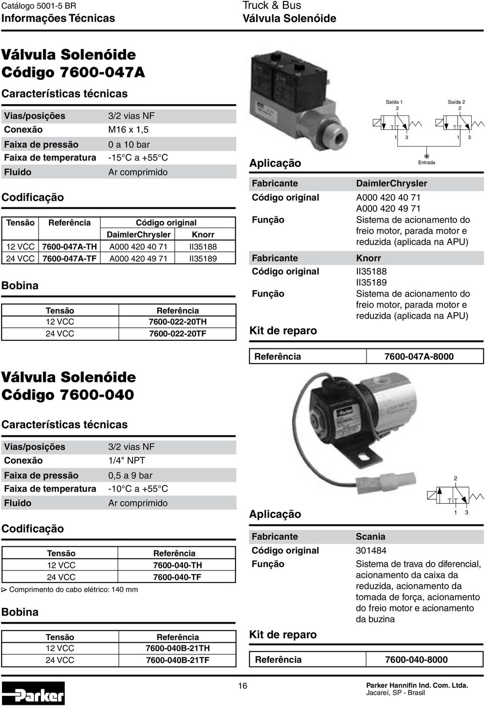 Sistema de acionamento do freio motor, parada motor e reduzida (aplicada na APU) Código 7600-040 7600-047A-8000 3/ vias NF 1/4" NPT 0,5 a 9 bar -10 C a +55 C 1 VCC 7600-040-TH 4 VCC 7600-040-TF