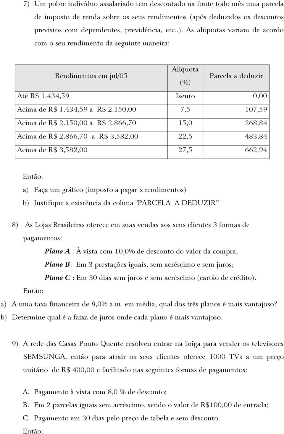 866,70 a R$ 3,582,00 22,5 483,84 Acima de R$ 3,582,00 27,5 662,94 a) Faça um gráfico (imposto a pagar x rendimentos) b) Justifique a existência da coluna "PARCELA A DEDUZIR 8) As Lojas Brasileiras