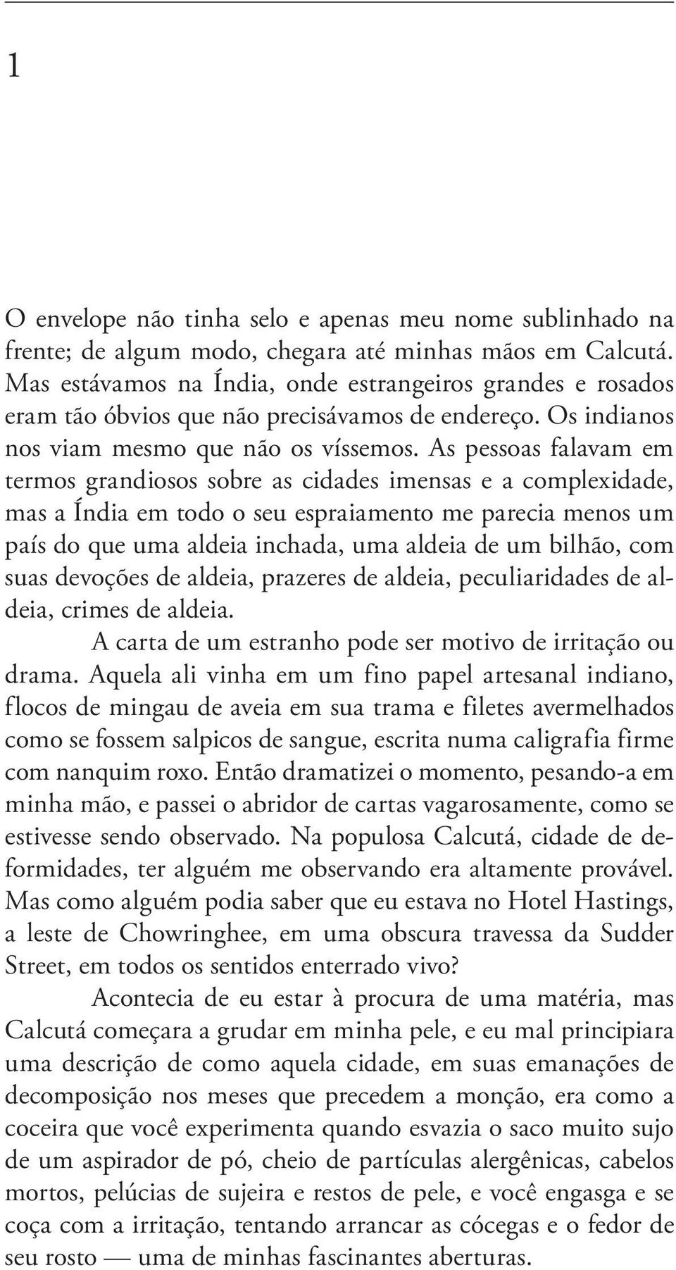 As pessoas falavam em termos grandiosos sobre as cidades imensas e a complexidade, mas a Índia em todo o seu espraiamento me parecia menos um país do que uma aldeia inchada, uma aldeia de um bilhão,