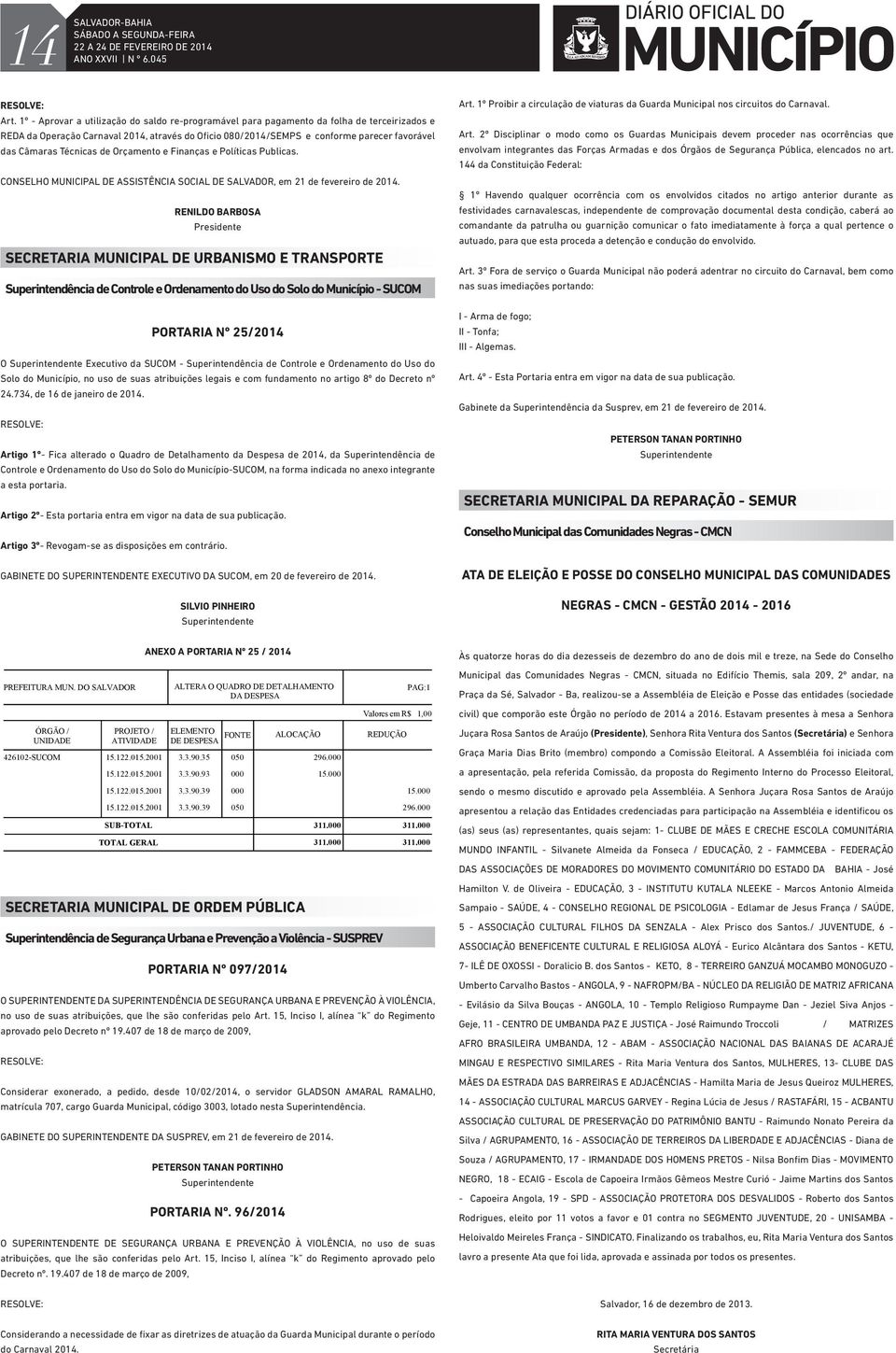 Técnicas de Orçamento e Finanças e Políticas Publicas. CONSELHO MUNICIPAL DE ASSISTÊNCIA SOCIAL DE SALVADOR, em 21 de fevereiro de 2014.