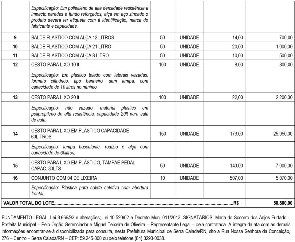 000,00 11 BALDE PLASTICO COM ALÇA 8 LITRO 50 UNIDADE 10,00 500,00 12 CESTO PARA LIXO 10 lt 100 UNIDADE 8,00 800,00 Especificação: Em plástico telado com laterais vazadas, formato cilíndrico, tipo