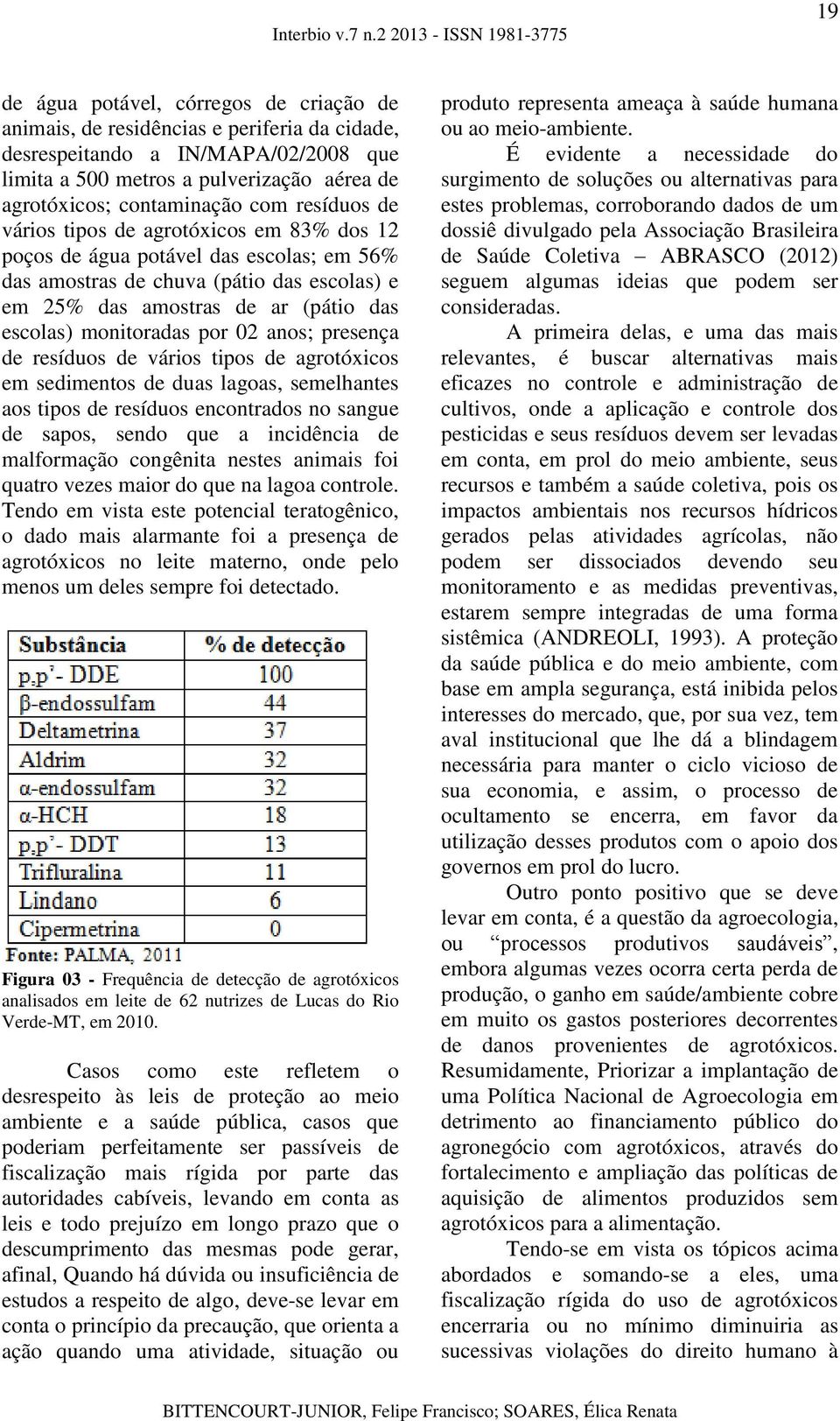 monitoradas por 02 anos; presença de resíduos de vários tipos de agrotóxicos em sedimentos de duas lagoas, semelhantes aos tipos de resíduos encontrados no sangue de sapos, sendo que a incidência de