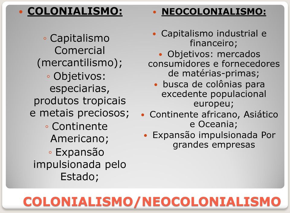 Objetivos: mercados consumidores e fornecedores de matérias-primas; busca de colônias para excedente populacional