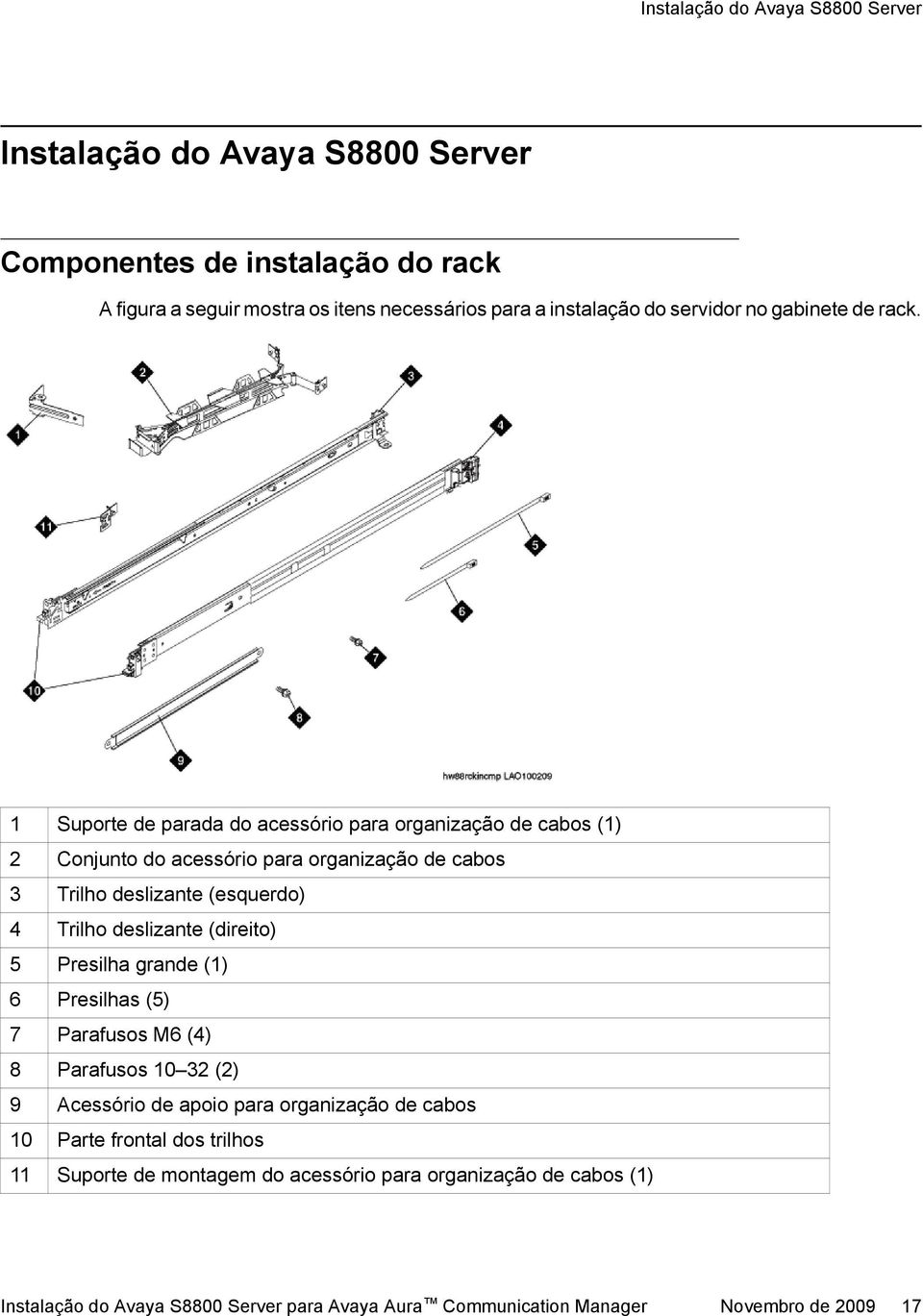 1 Suporte de parada do acessório para organização de cabos (1) 2 Conjunto do acessório para organização de cabos 3 Trilho deslizante (esquerdo) 4 Trilho deslizante