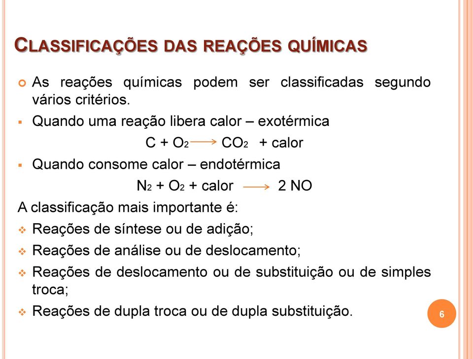 A classificação mais importante é: Reações de síntese ou de adição; 2 NO Reações de análise ou de