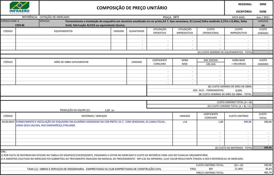 un (A) HORÁRIO DE EQUIPAMENTOS HORA BASE 109,16% + ENCARGOS HORÁRIO (B) HORÁRIO DE MÃODEOBRA: (B) HORÁRIO DE MÃODEOBRA : HORÁRIO (A + B): (D) HORÁRIO (A + B) / (C): PRODUÇÃO DA EQUIPE (C): 1,00 un