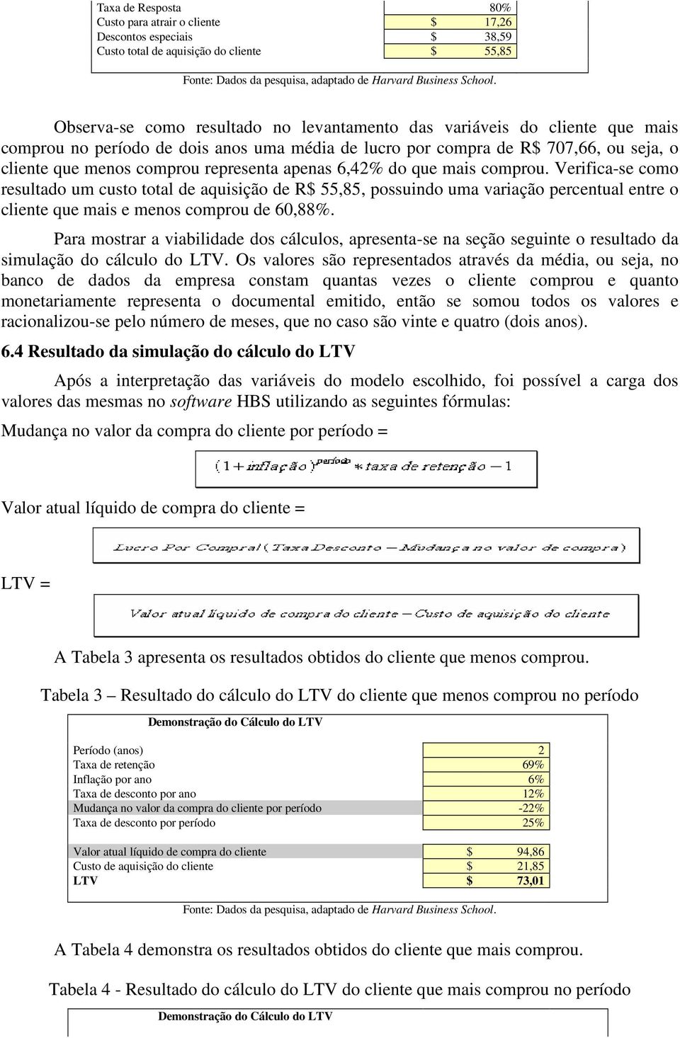 apenas 6,42% do que mais comprou. Verifica-se como resultado um custo total de aquisição de R$ 55,85, possuindo uma variação percentual entre o cliente que mais e menos comprou de 60,88%.