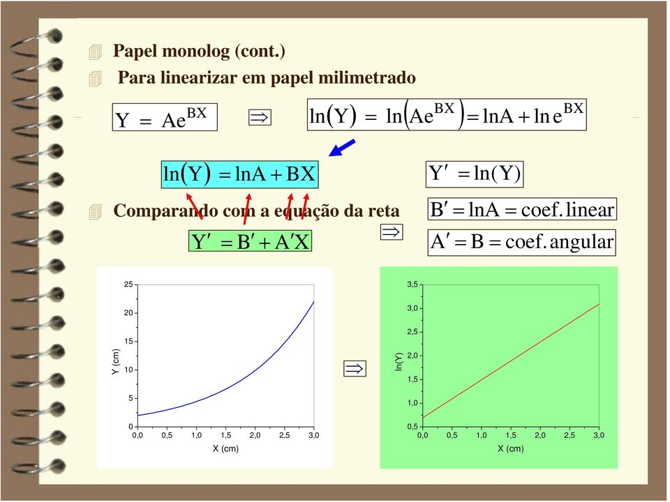 lna + lne ( Y) lna BX ln + Comparando com a equação da reta Y B + A X Y