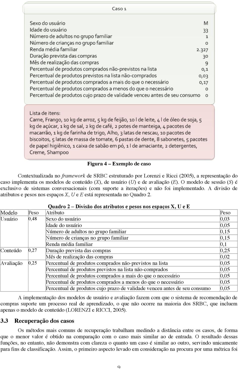 Quadro 2 Divisão dos atributos e pesos nos espaços X, U e E Modelo Peso Atributo Peso Usuário 0,48 Sexo do usuário 0,03 Idade do usuário 0,05 Número de adultos no grupo familiar 0,15 Número de